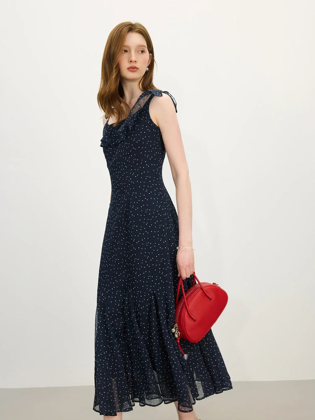 Navy Chiffon Ruffled Dress