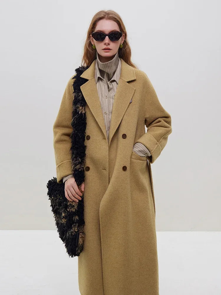 FSLE 2025 New Autumn Winter Temperament Long Coat Double Breasted Woolen Coats 58.8% Wool Belt Design Female Coat Office Lady