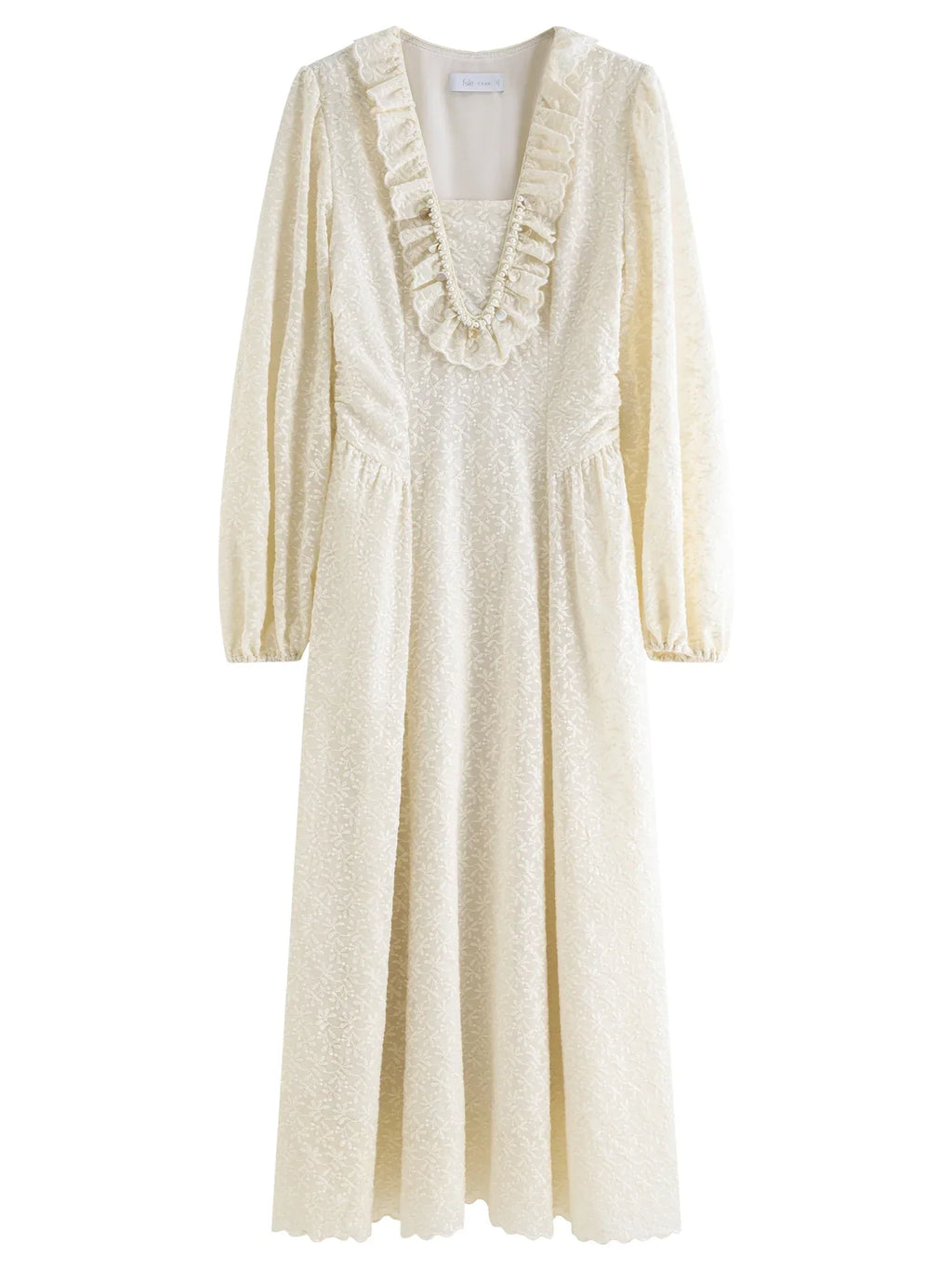 FSLE Autumn Dress Women's V-Neck Wedding Dress Long Sleeve Romantic Floral Embroidery Lace Trim Pearl Accents Loose Maxi Dress