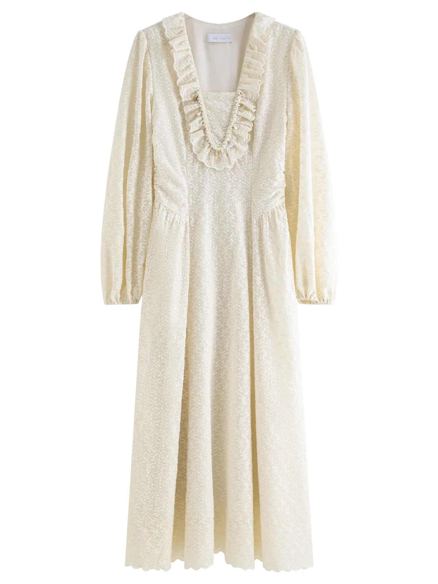 FSLE Autumn Dress Women's V-Neck Wedding Dress Long Sleeve Romantic Floral Embroidery Lace Trim Pearl Accents Loose Maxi Dress