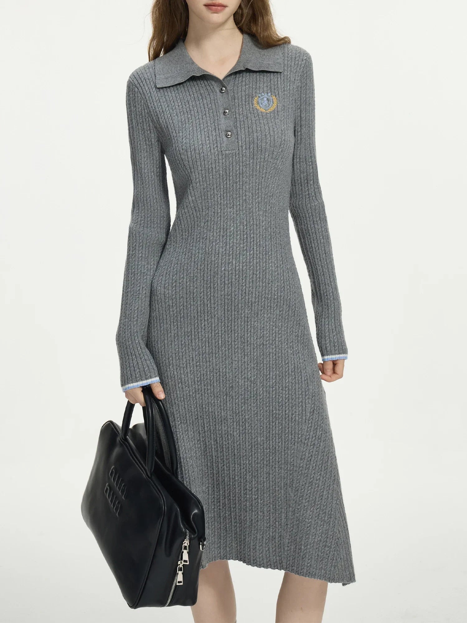 FSLE Office Lady College Style Embroidered Lapel Slim Fit Solid Color Knitted Dress 2024 Winter New Style Interior 24FS14353