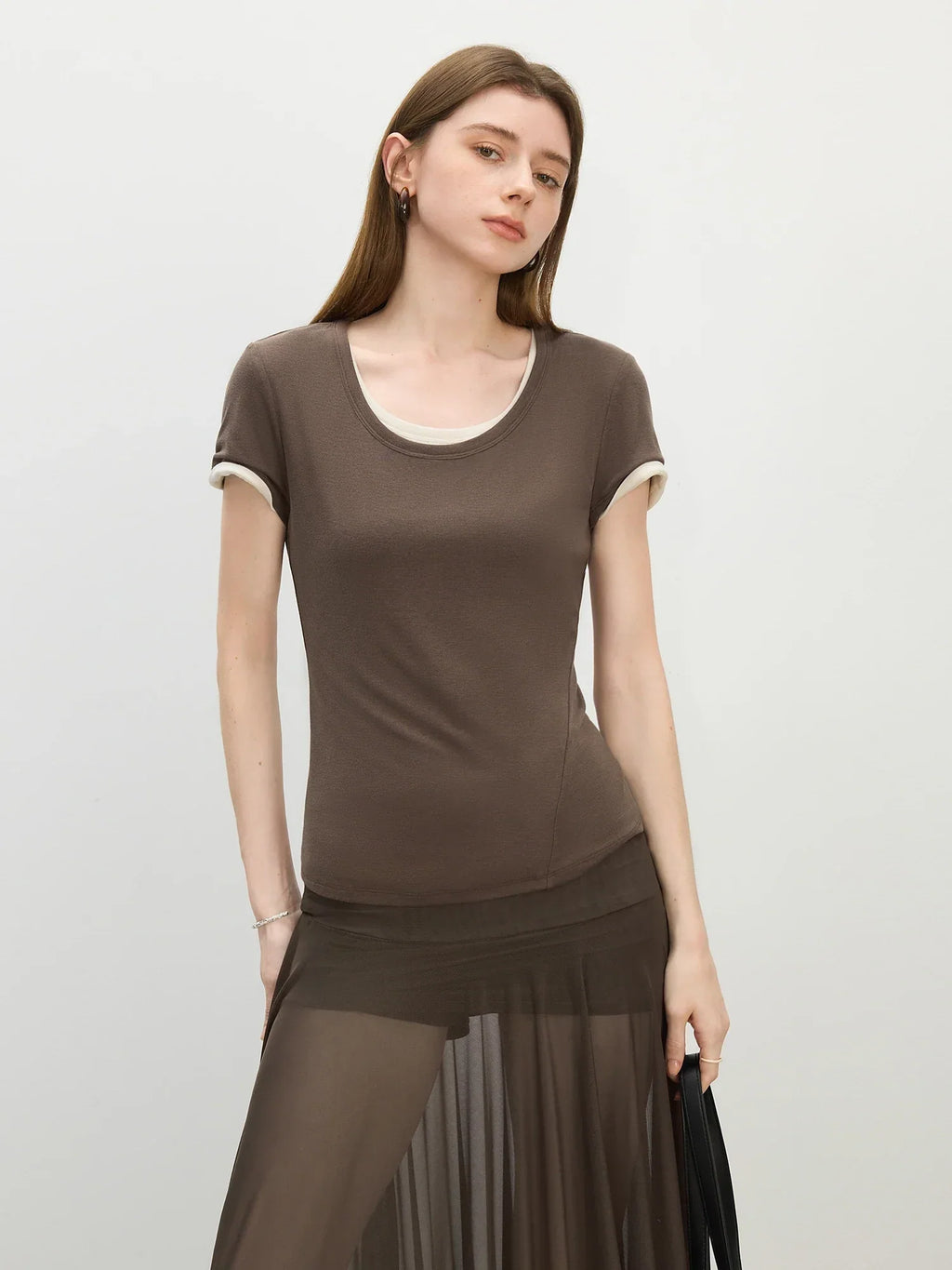 FSLE U-Neck Stretch Short Sleeve T-Shirt for Women - Summer 2025 New Arrival Soft & Relaxed Fit Versatile Top T-Shirt 25FS12552