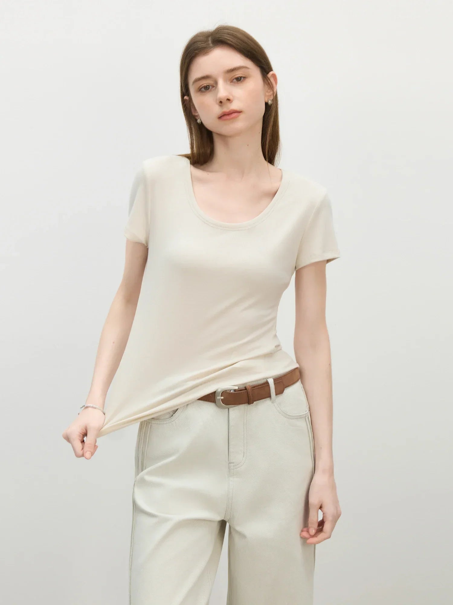 FSLE U-Neck Stretch Short Sleeve T-Shirt for Women - Summer 2025 New Arrival Soft & Relaxed Fit Versatile Top T-Shirt 25FS12552