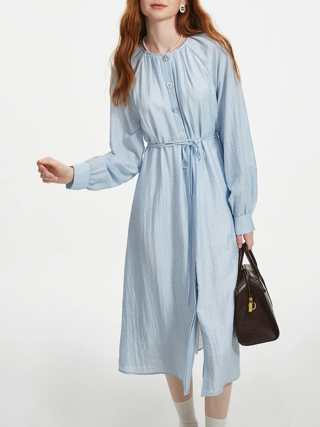 FSLE Women Shirt Long Dress Round Neck Raglan Sleeve Sashes Design Female Blue Autumn Long Sleeve 6.8% Linen Dress 24FS13359