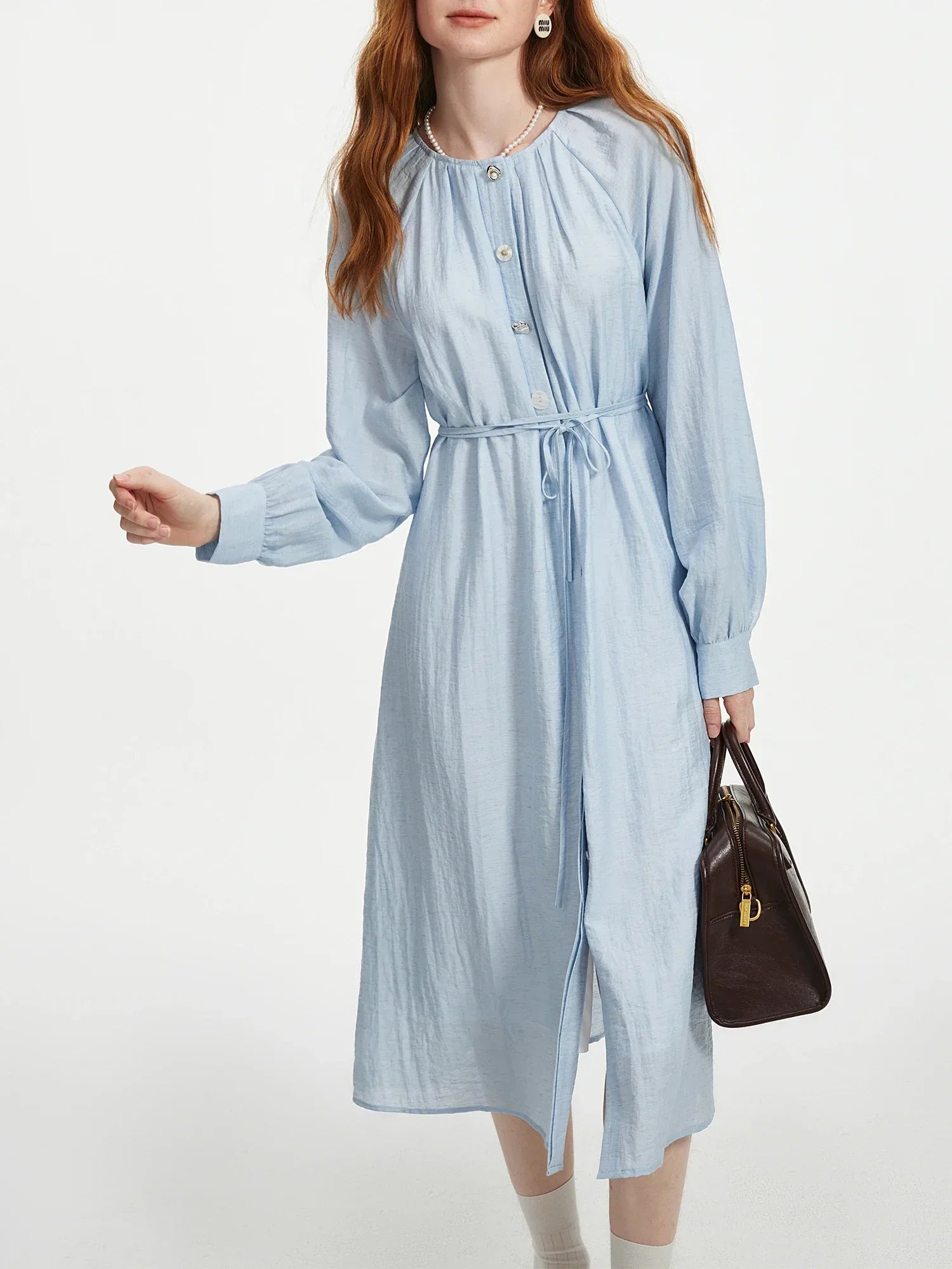 FSLE Women Shirt Long Dress Round Neck Raglan Sleeve Sashes Design Female Blue Autumn Long Sleeve 6.8% Linen Dress 24FS13359