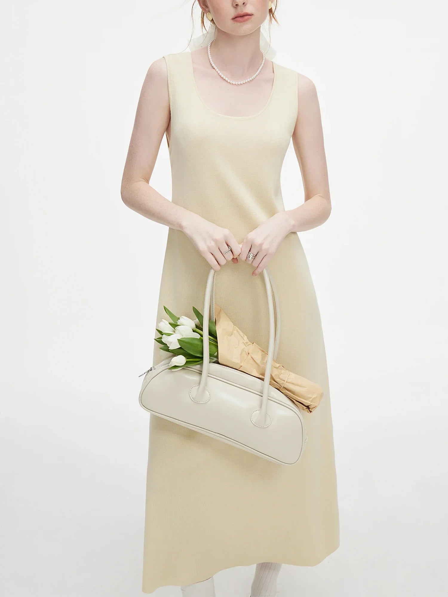 FSLE Women Grey Sleeveless Knitted Dress U-Neck Temperament 2024 Autumn All-Match Yellow Midi Long Lyocell Dresses 24FS13186