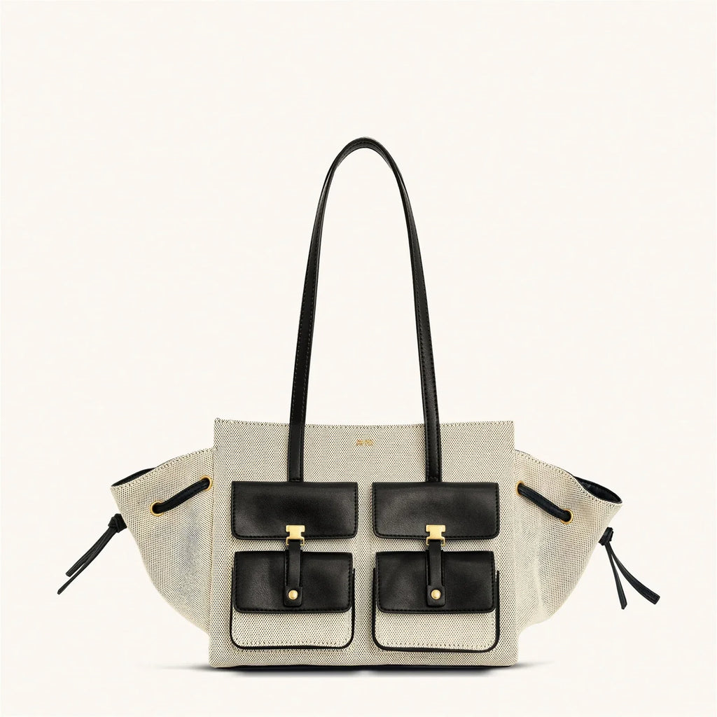 JW Pei New Canvas Black Motorcycle Style Tote Bag Women's Large Capacity Crossbody Purse for Commuters Underarm Shoulder Handbag