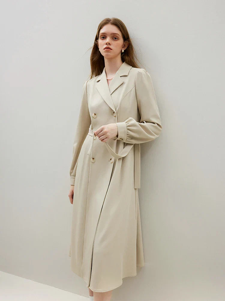 FSLE 2025 New Notched Collar Office Lady Dress Autumn Long Puff Sleeve Double Breasted Suit Dress Solid Twill Women Khaki Dress