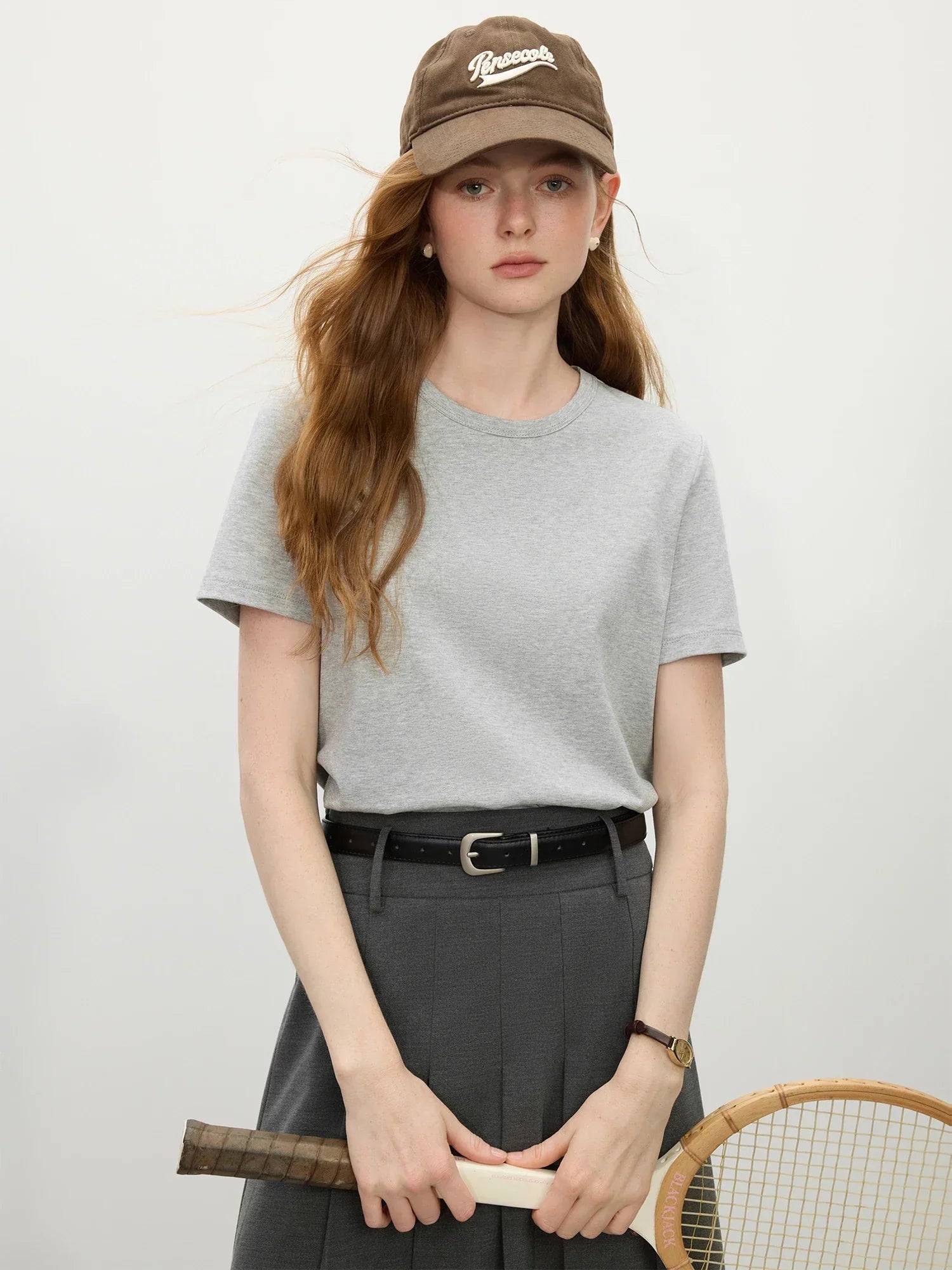 FSLE Straight Shoulder White T-shirt Women 2025 Spring New Style All-match Slim Short-sleeved T-shirt Bottoming Shirt 25FS11303