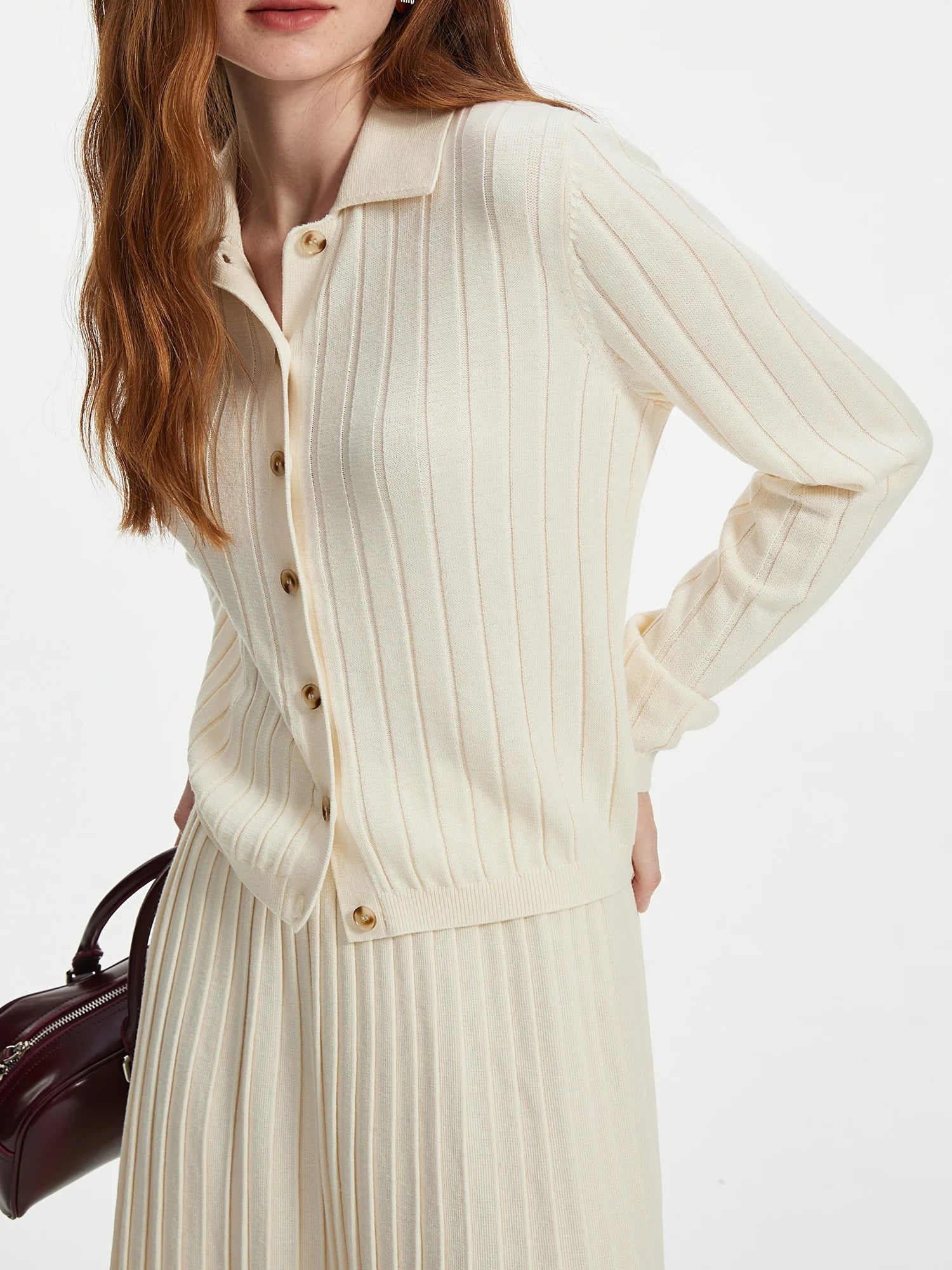 FSLE 10.1% Wool Gray Pure White Knit Cardigan Set 2024 Autumn Winter Cardigan Pleated Skirt Two Pieces Set 24FS14247+24FS14248