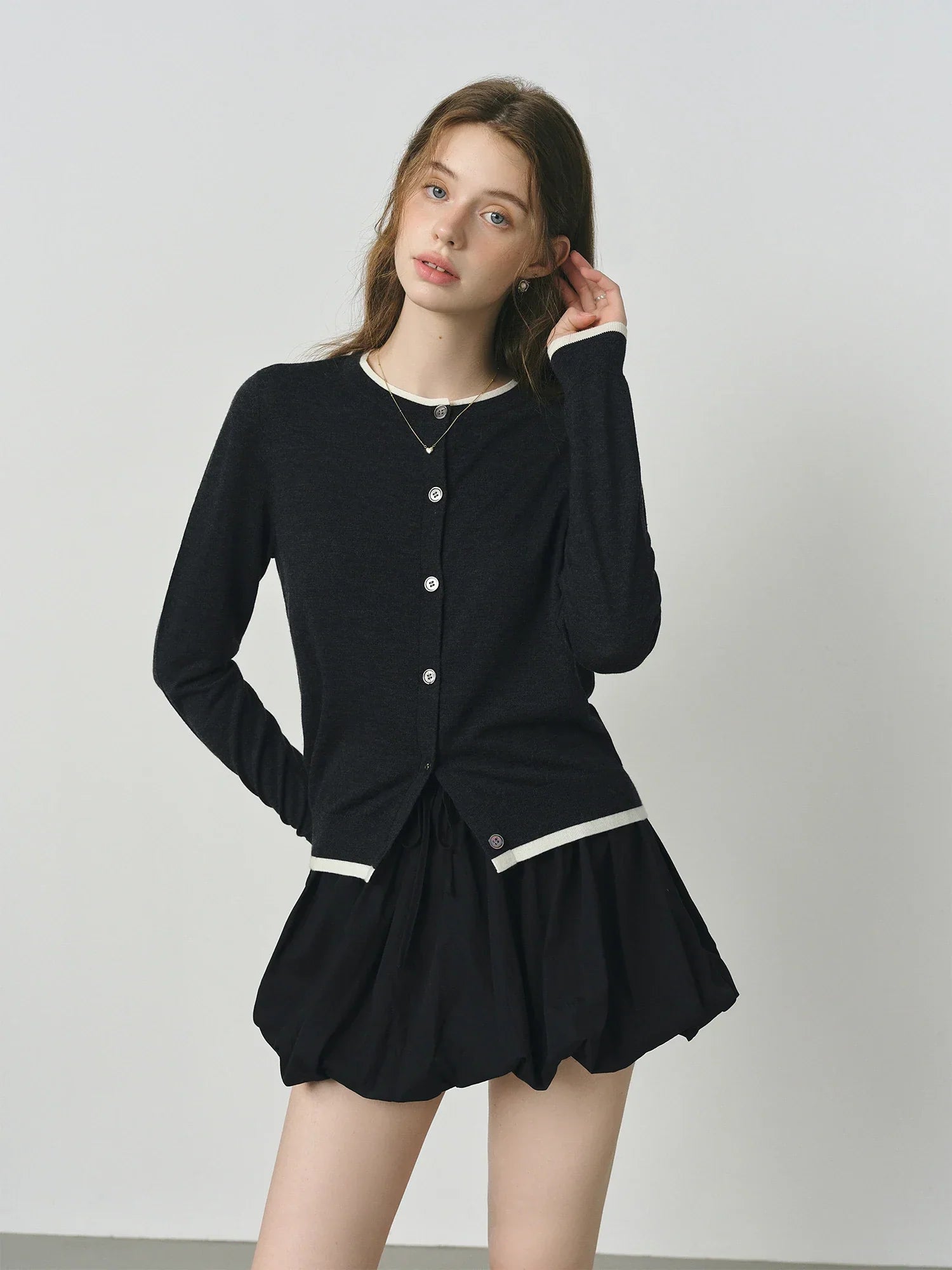 FSLE 2025 Autumn Wool Blend Knit Cardigan Women's Contrast Fake Two-Piece Minimalist Y2K Coquette Office Chic Top 25FS13012