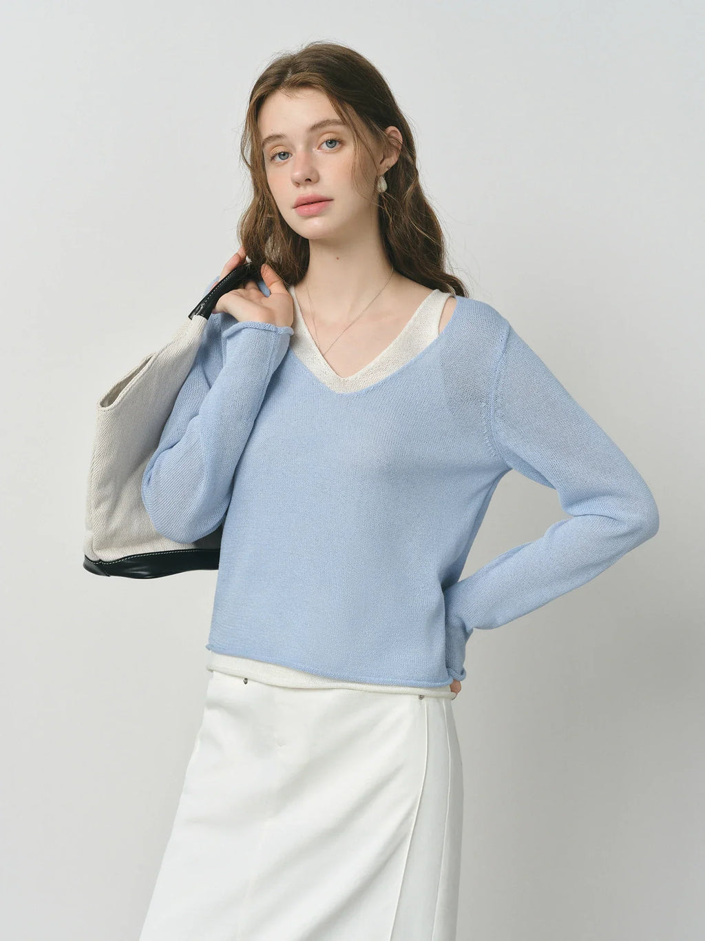 FSLE 2025 New Arrival Women's Fake Two-Tone Sweater Wool Blend Knit Top Round Neck Pullover Y2K Coquette Office Chic 25FS13286