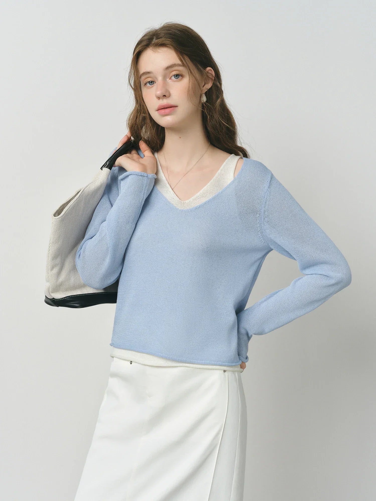 FSLE 2025 New Arrival Women's Fake Two-Tone Sweater Wool Blend Knit Top Round Neck Pullover Y2K Coquette Office Chic 25FS13286